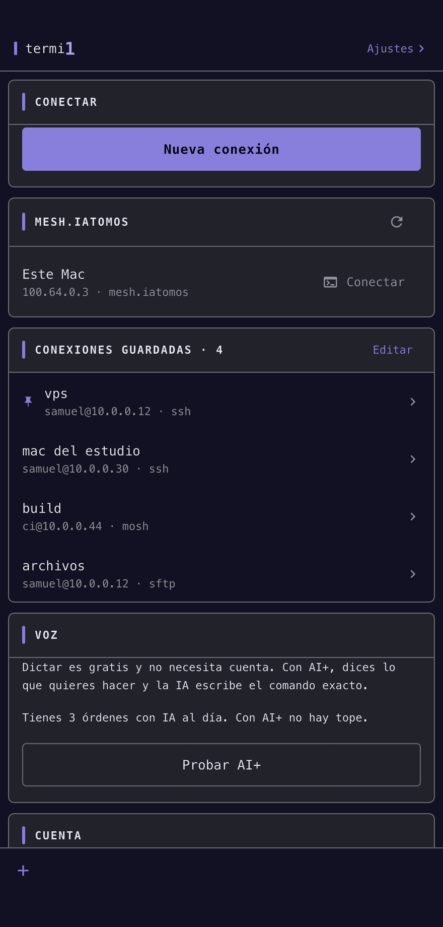 Pantalla de inicio de termi1 con conexiones guardadas